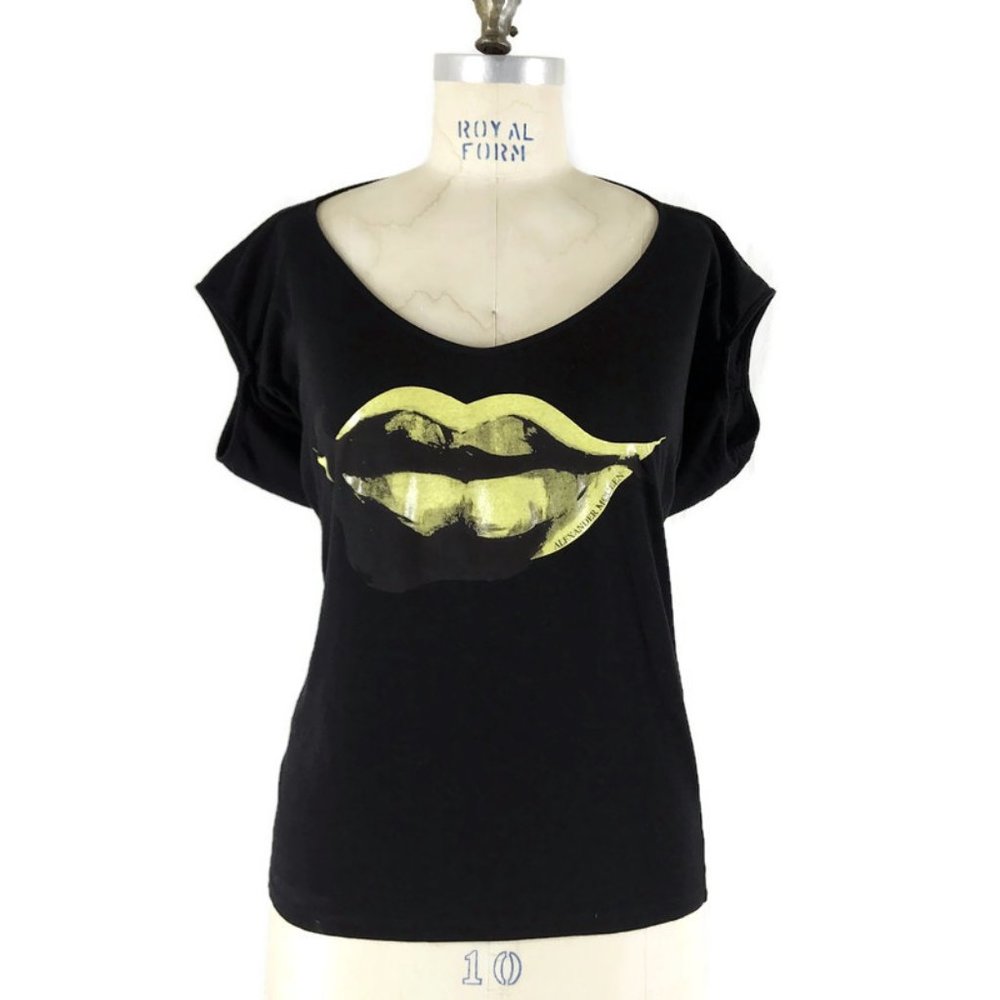 Alexander McQueen Green Lips Black T-Shirt Top